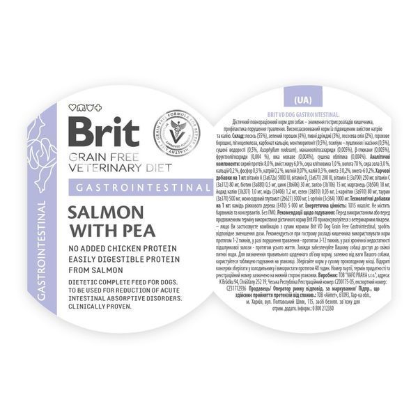 Brit VetDiets Gastrointestinal влажный корм для собак 400 г - лосось и горох 100287 фото